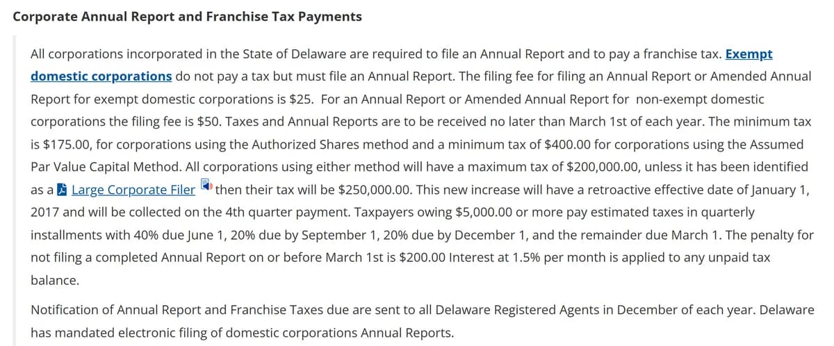 דף Annual Report and Tax Information של Delaware Division of Corporations: דוח שנתי ומס זיכיון עד March 1st, אגרת דוח שנתי של 50 דולר, מס מינימלי של 175 דולר בשיטת Authorized Shares ו-400 דולר בשיטת Assumed Par Value Capital, וקנס איחור של 200 דולר