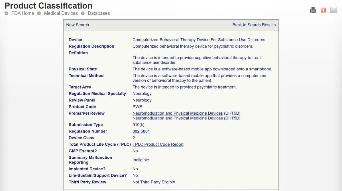 רשומת קוד המוצר PWE במאגר Product Classification של FDA: אפליקציה לטיפול התנהגותי, Submission Type 510(k), תקנה 882.5801, Device Class 2