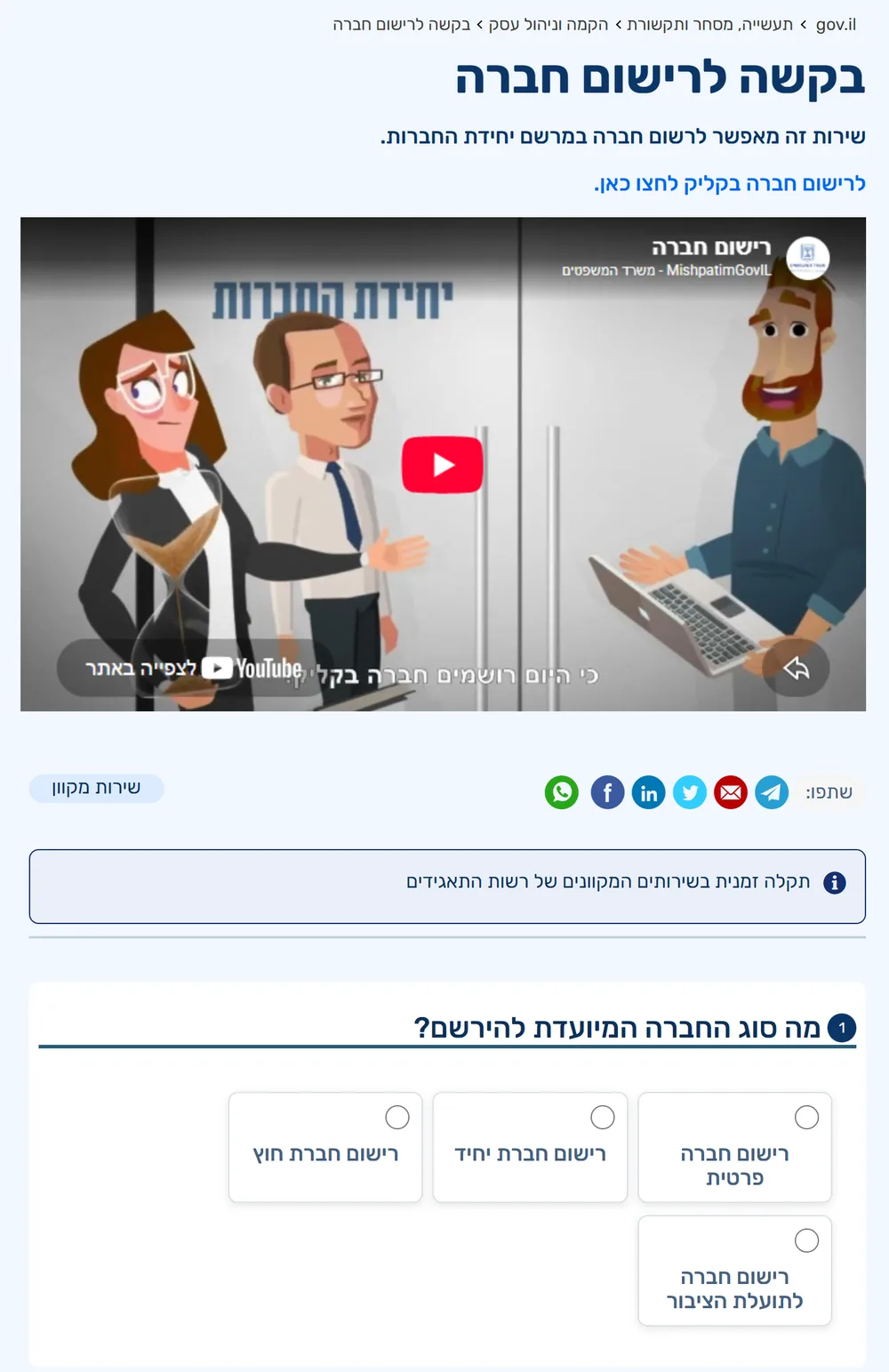 gov.il page "בקשה לרישום חברה" (company registration request) of the Israel Corporations Authority, with a link to register a company online and a selector for company type: private company, single-shareholder company, foreign company and public benefit company