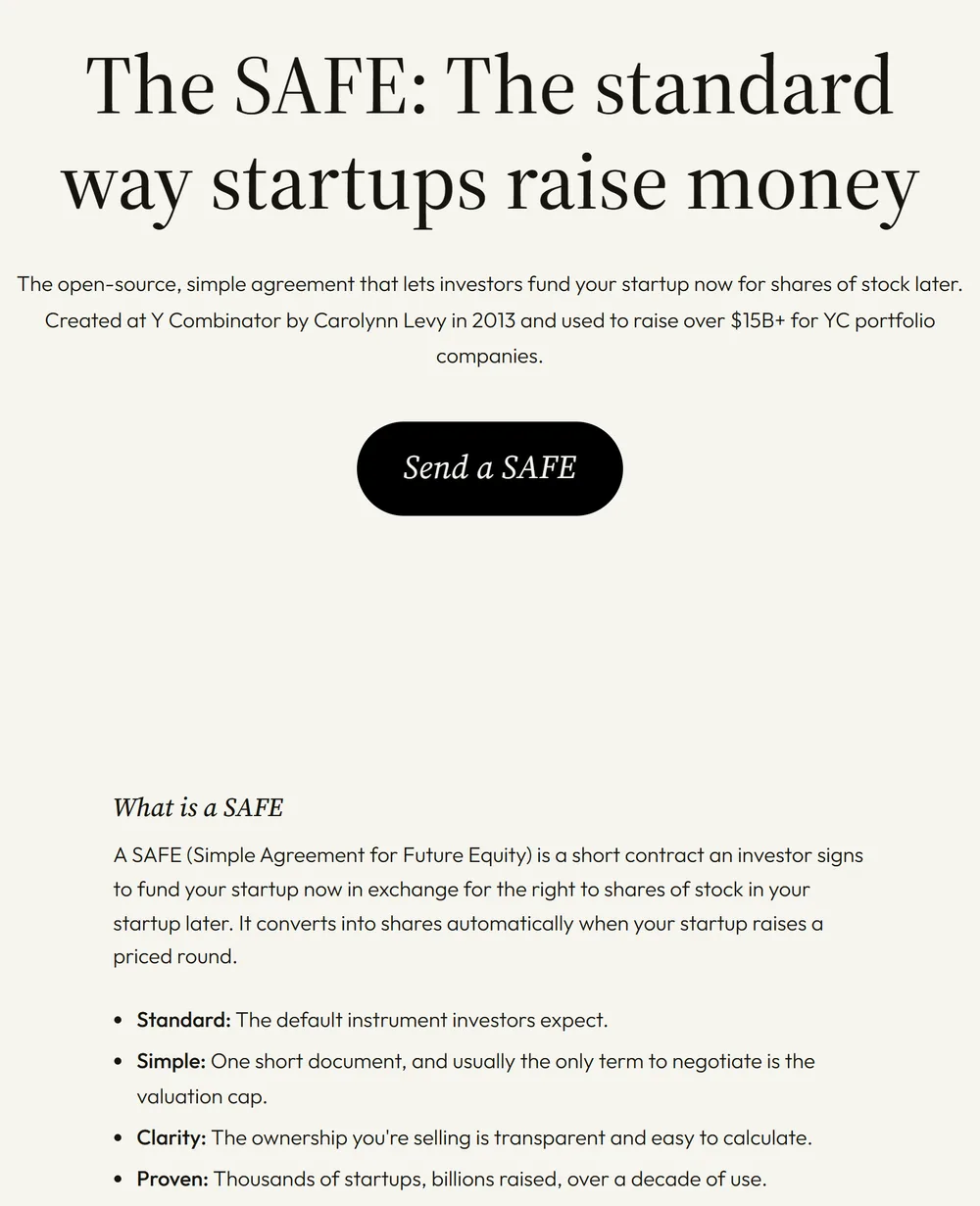 Y Combinator SAFE page headed "The SAFE: The standard way startups raise money", stating it was created at Y Combinator by Carolynn Levy in 2013 and explaining that a SAFE converts into shares when the startup raises a priced round