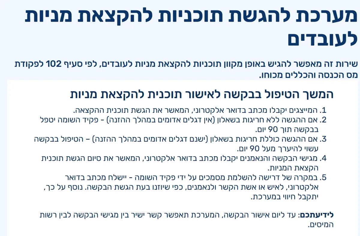 דף השירות של רשות המסים "מערכת להגשת תוכניות להקצאת מניות לעובדים" לפי סעיף 102: בהגשה ללא דגלים אדומים פקיד השומה יטפל בבקשה תוך 90 יום, ובהגשה עם דגלים אדומים הטיפול עשוי להימשך מעל 90 יום