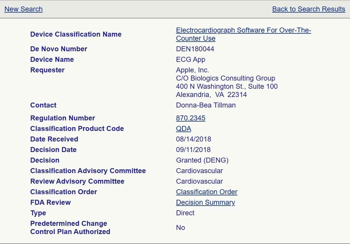 רשומת De Novo DEN180044 במאגר FDA: ECG App של Apple, קוד מוצר QDA, תקנה 870.2345, התקבלה 08/14/2018, אושרה 09/11/2018, Type Direct