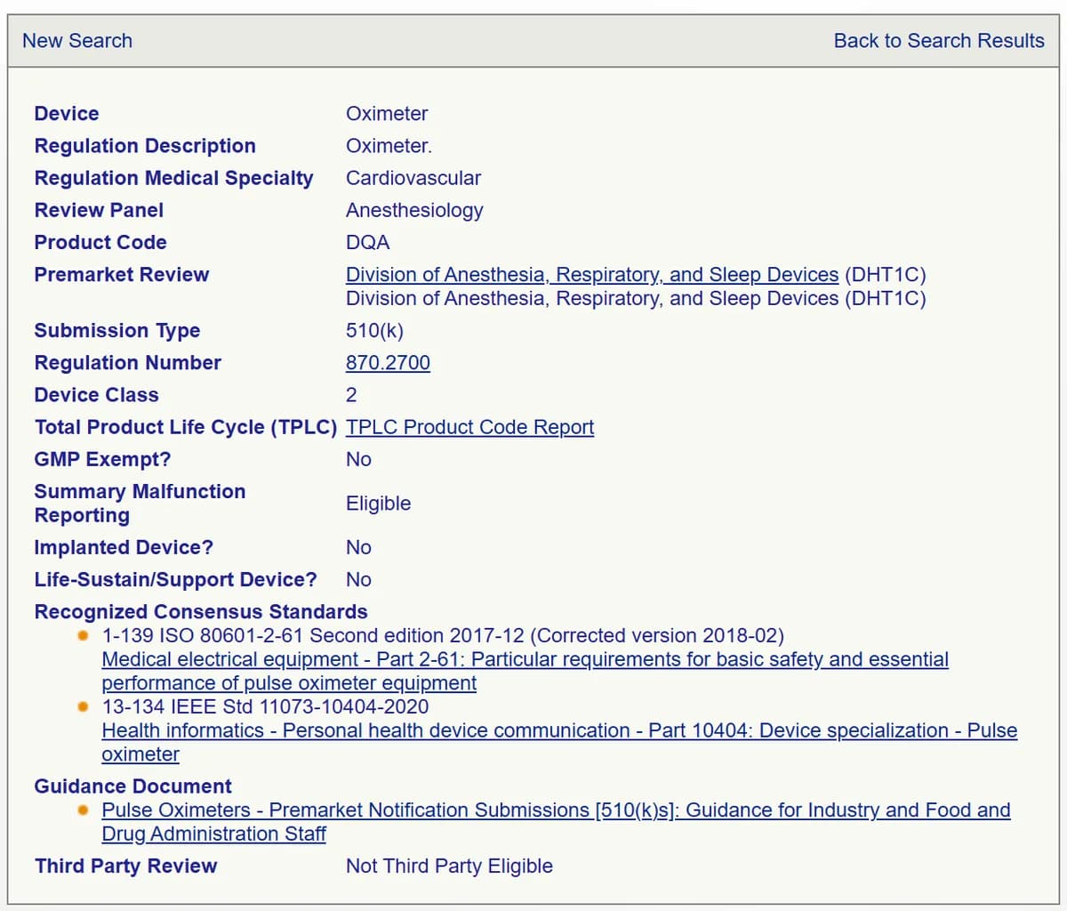 רשומת מאגר הסיווג של FDA עבור Oximeter: Product Code DQA, Regulation Number 870.2700, Device Class 2, Submission Type 510(k)