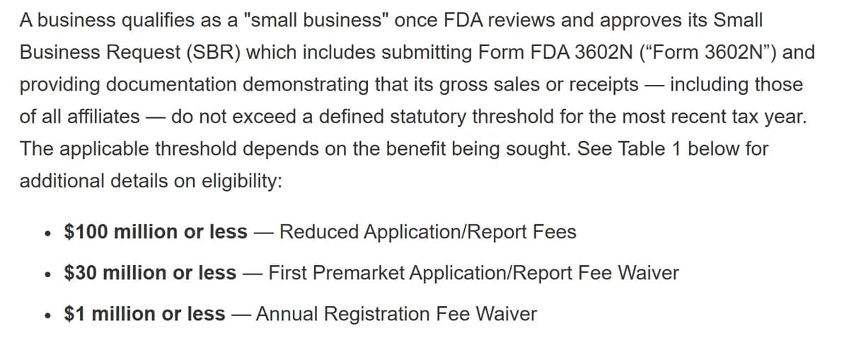 ספי ההכנסות של תוכנית SBD של FDA: 100 מיליון דולר להנחה באגרות, 30 מיליון דולר לפטור על בקשת PMA ראשונה, מיליון דולר לפטור מאגרת הרישום