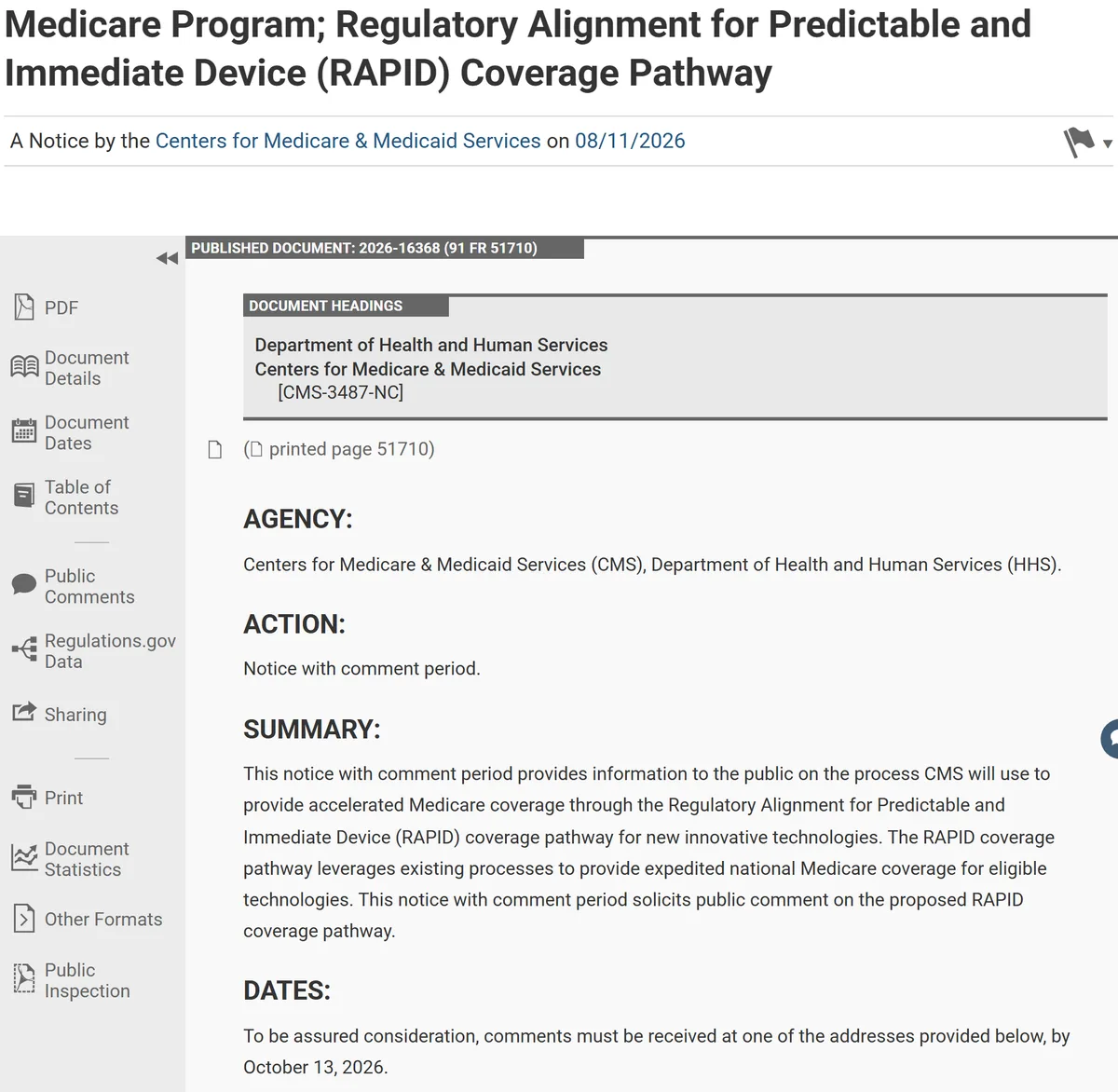 הודעת RAPID Coverage Pathway של CMS ב-Federal Register מ-08/11/2026, מסמך 2026-16368, עם מועד אחרון להערות 13 באוקטובר 2026