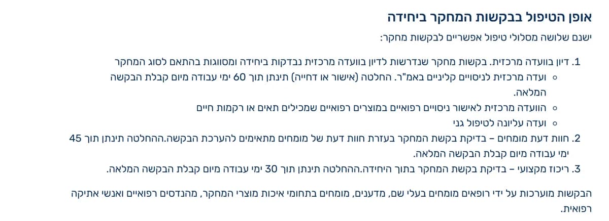 עמוד היחידה לניסויים קליניים באמ"ר במשרד הבריאות: שלושה מסלולי טיפול, ועדה מרכזית תוך 60 ימי עבודה, חוות דעת מומחים תוך 45 ימי עבודה, ריכוז מקצועי תוך 30 ימי עבודה